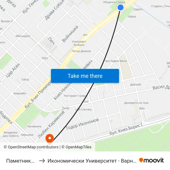 Паметника / Pametnika to Икономически Университет - Варна (University of Economics - Varna) map