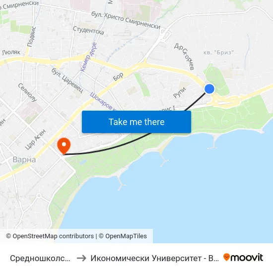 Средношколска / Srednoshkolska to Икономически Университет - Варна (University of Economics - Varna) map