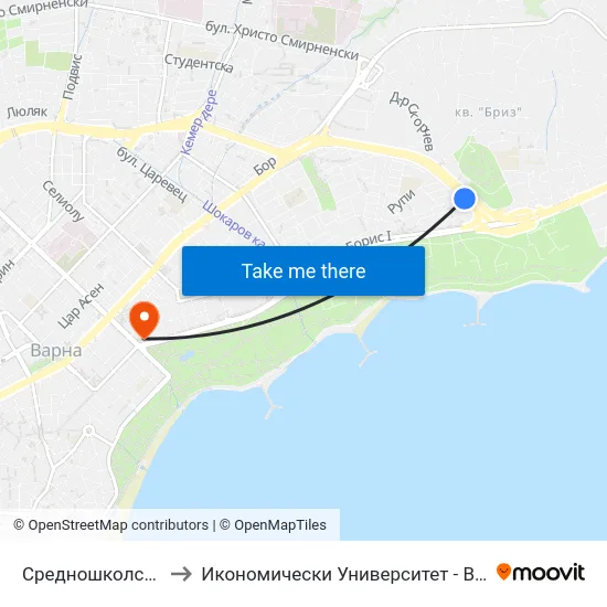 Средношколска / Srednoshkolska to Икономически Университет - Варна (University of Economics - Varna) map