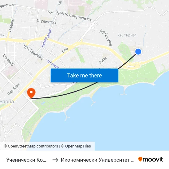 Ученически Комплекс / School Complex to Икономически Университет - Варна (University of Economics - Varna) map