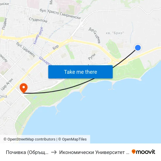 Почивка (Обръщач) / Pochivka (Turn Spot) to Икономически Университет - Варна (University of Economics - Varna) map