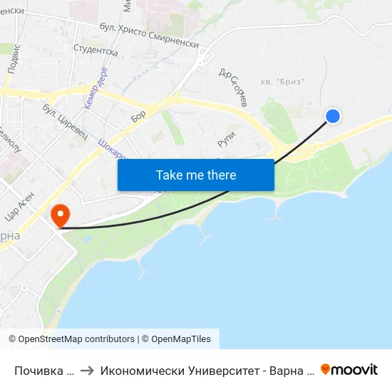 Почивка / Pochivka to Икономически Университет - Варна (University of Economics - Varna) map