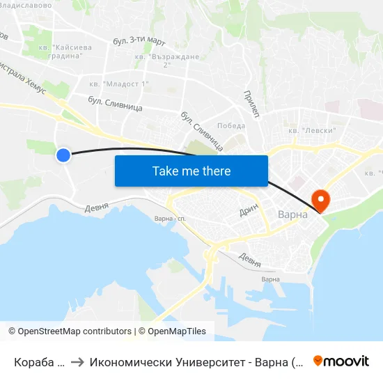 Кораба / Koraba to Икономически Университет - Варна (University of Economics - Varna) map