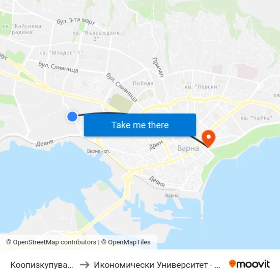 Коопизкупуване / Koopizkupuvane to Икономически Университет - Варна (University of Economics - Varna) map