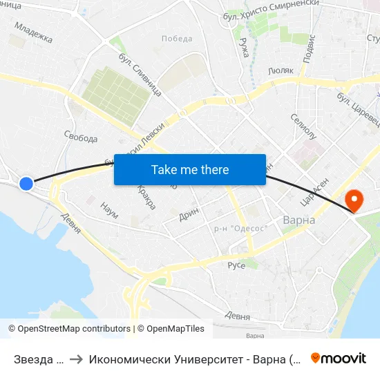 Звезда / Zvezda to Икономически Университет - Варна (University of Economics - Varna) map