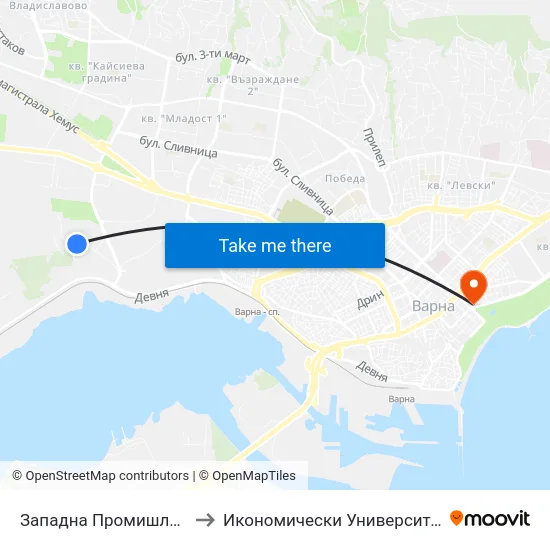 Западна Промишлена Зона / Western Industrial Zone to Икономически Университет - Варна (University of Economics - Varna) map
