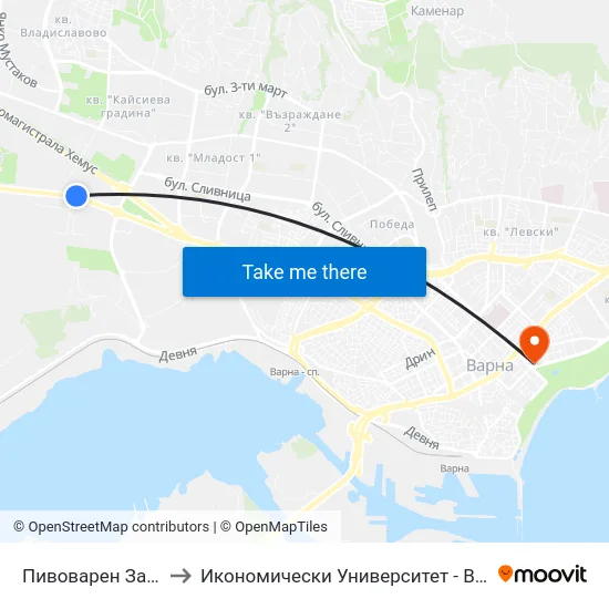Пивоварен Завод / Brewery Plant to Икономически Университет - Варна (University of Economics - Varna) map