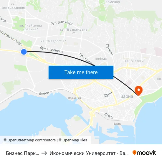 Бизнес Парк / Business Park to Икономически Университет - Варна (University of Economics - Varna) map