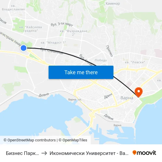 Бизнес Парк / Business Park to Икономически Университет - Варна (University of Economics - Varna) map