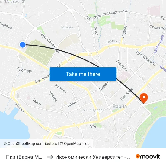 Пки (Варна Мол) / Pki (Varna Mall) to Икономически Университет - Варна (University of Economics - Varna) map