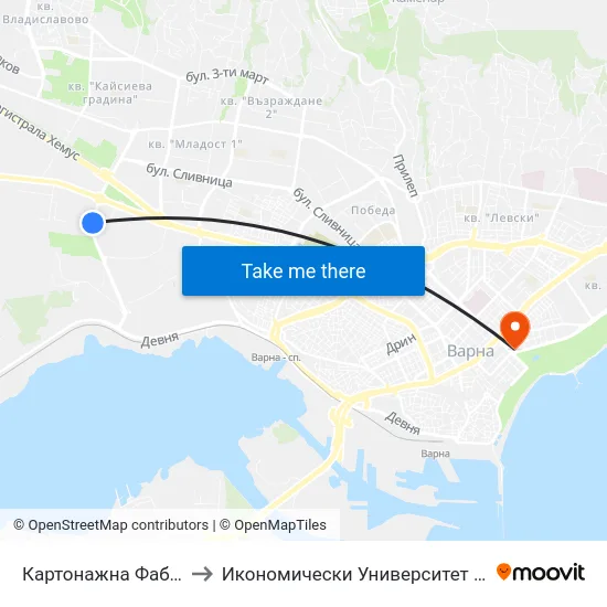 Картонажна Фабрика / Cardboard Factory to Икономически Университет - Варна (University of Economics - Varna) map