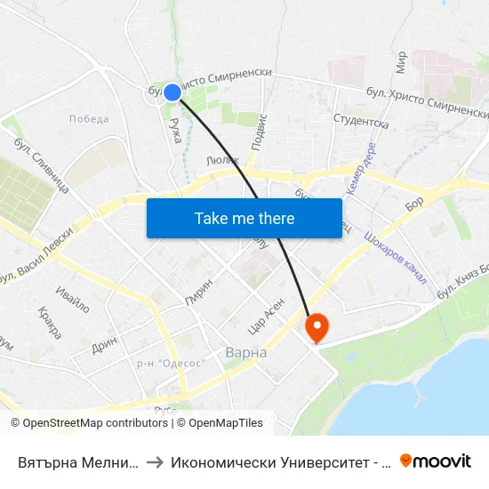 Вятърна Мелница / Vyatarna Melnitsa to Икономически Университет - Варна (University of Economics - Varna) map
