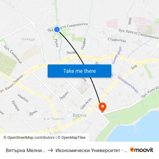 Вятърна Мелница / Vyatarna Melnitsa to Икономически Университет - Варна (University of Economics - Varna) map