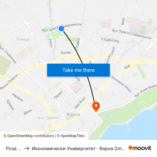 Роза / Roza to Икономически Университет - Варна (University of Economics - Varna) map