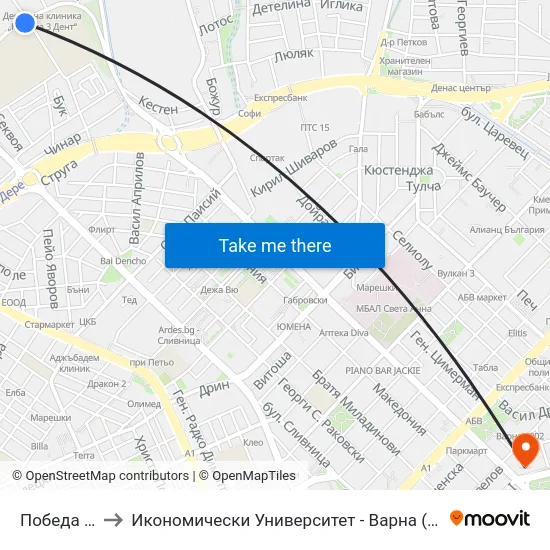 Победа / Pobeda to Икономически Университет - Варна (University of Economics - Varna) map
