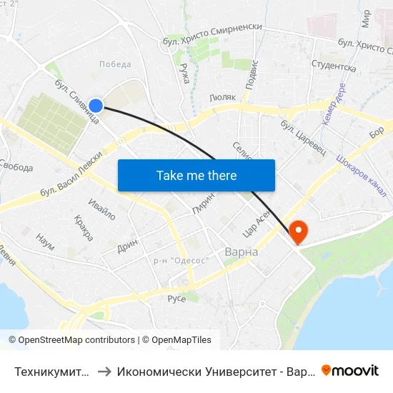 Техникумите / Tehnikumite to Икономически Университет - Варна (University of Economics - Varna) map