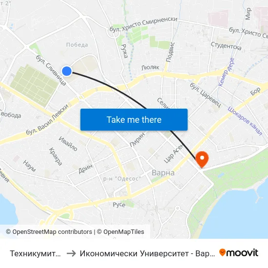 Техникумите / Tehnikumite to Икономически Университет - Варна (University of Economics - Varna) map