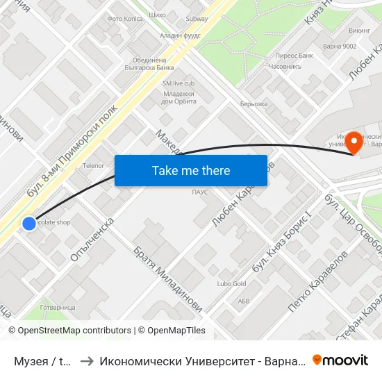 Музея / the Museum to Икономически Университет - Варна (University of Economics - Varna) map