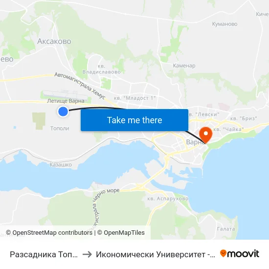 Разсадника Тополи / Razsadnika Topoli to Икономически Университет - Варна (University of Economics - Varna) map