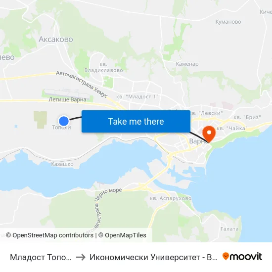 Младост Тополи / Mladost Topoli to Икономически Университет - Варна (University of Economics - Varna) map