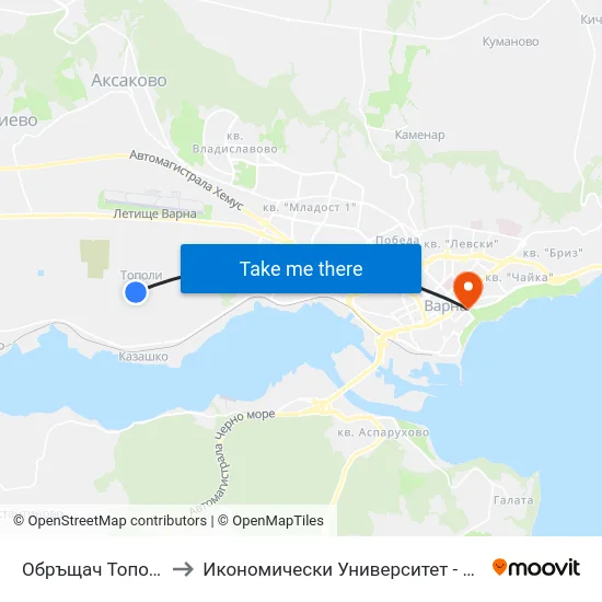 Обръщач Тополи / Topoli Turn Spot to Икономически Университет - Варна (University of Economics - Varna) map