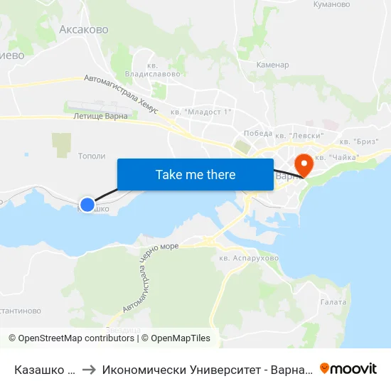 Казашко / Kazashko to Икономически Университет - Варна (University of Economics - Varna) map