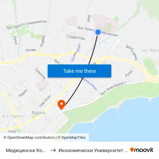 Медицински Комплекс / Medical Complex to Икономически Университет - Варна (University of Economics - Varna) map
