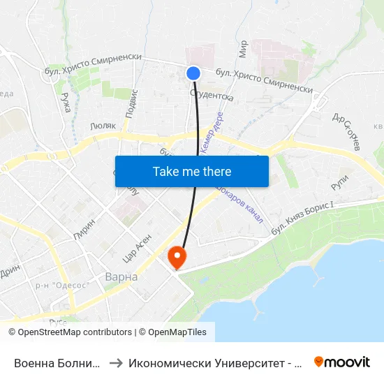 Военна Болница / Military Hospital to Икономически Университет - Варна (University of Economics - Varna) map
