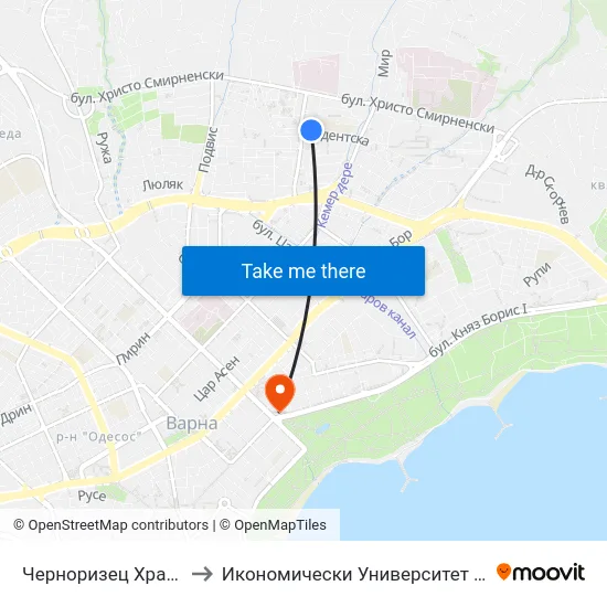 Черноризец Храбър / Chernorizets Hrabar to Икономически Университет - Варна (University of Economics - Varna) map