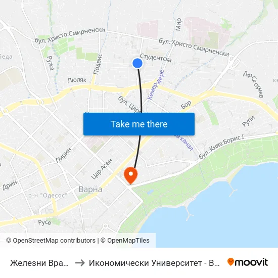 Железни Врата / Zhelezni Vrata to Икономически Университет - Варна (University of Economics - Varna) map