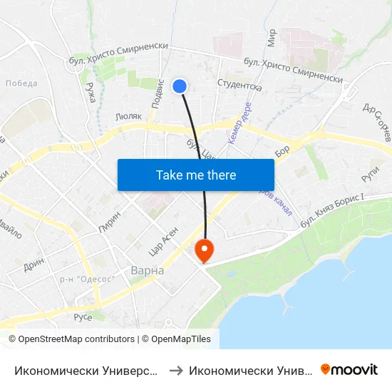 Икономически Университет - Нов Корпус / University Of Economics - New Building to Икономически Университет - Варна (University of Economics - Varna) map