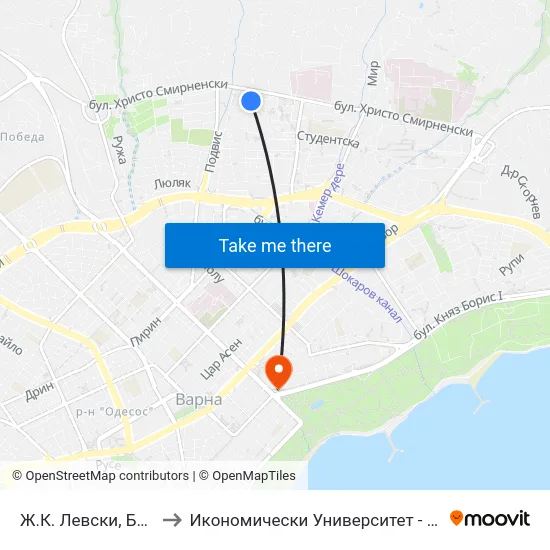 Ж.К. Левски, Бл. 22 / Levski Qr, Bl. 22 to Икономически Университет - Варна (University of Economics - Varna) map