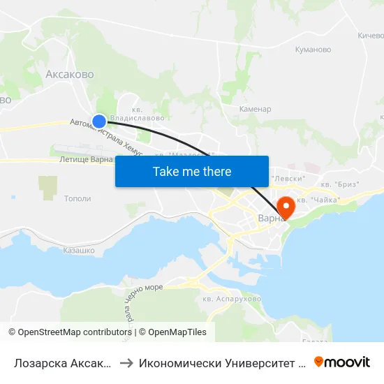 Лозарска Аксаково / Lozarska Aksakovo to Икономически Университет - Варна (University of Economics - Varna) map