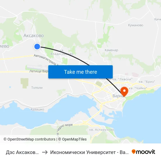 Дзс Аксаково / Dzs Aksakovo to Икономически Университет - Варна (University of Economics - Varna) map