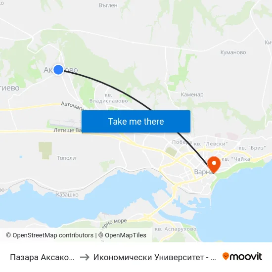 Пазара Аксаково / Aksakovo Market to Икономически Университет - Варна (University of Economics - Varna) map