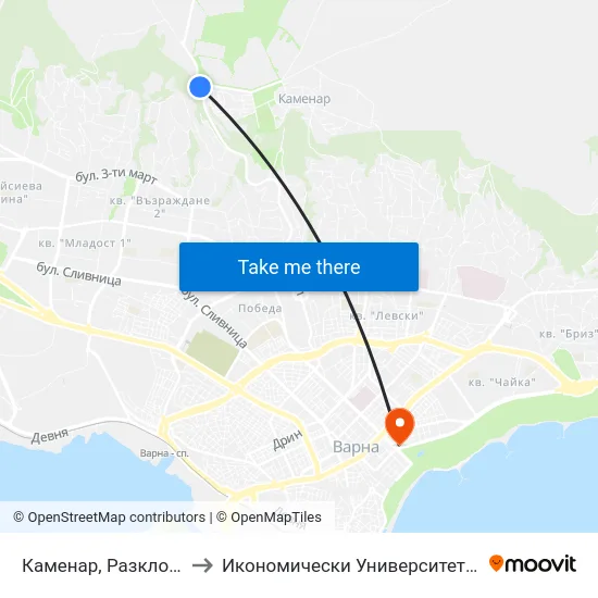 Каменар, Разклон / Fork Road For Kamenar to Икономически Университет - Варна (University of Economics - Varna) map