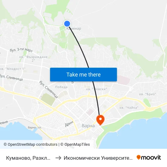 Куманово, Разклон / Fork Road For Kumanovo to Икономически Университет - Варна (University of Economics - Varna) map