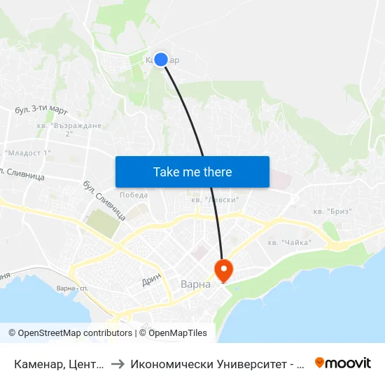 Каменар, Център / Kamenar, Centre to Икономически Университет - Варна (University of Economics - Varna) map