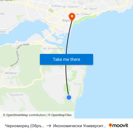 Черноморец (Обръщач) / Chernomorets (Turn Spot) to Икономически Университет - Варна (University of Economics - Varna) map