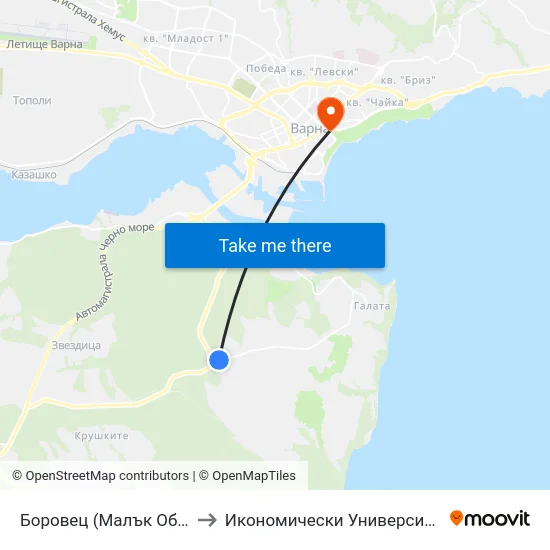 Боровец (Малък Обръщач) / Borovets (Small Tumbler) to Икономически Университет - Варна (University of Economics - Varna) map