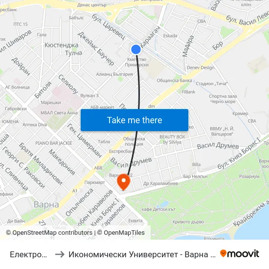 Електрон / Electron to Икономически Университет - Варна (University of Economics - Varna) map