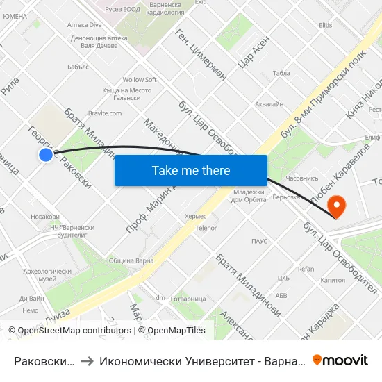 Раковски / Rakovski to Икономически Университет - Варна (University of Economics - Varna) map