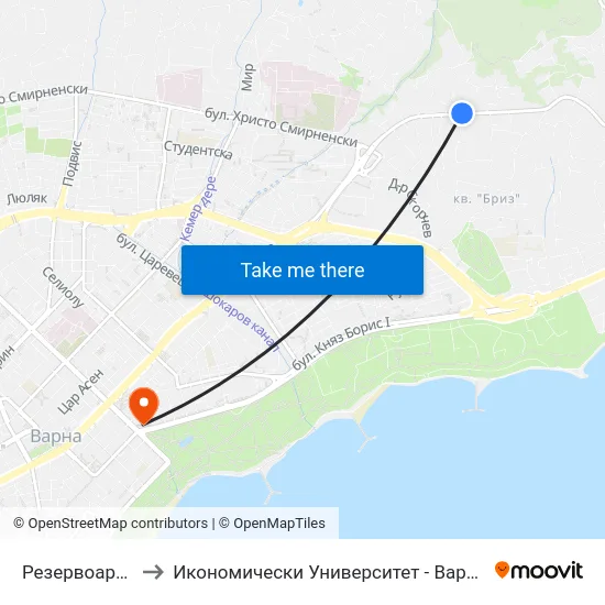 Резервоара / Rezervoara to Икономически Университет - Варна (University of Economics - Varna) map
