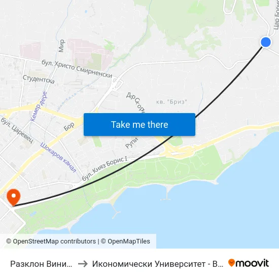 Разклон Виница / Razklon Vinitsa to Икономически Университет - Варна (University of Economics - Varna) map