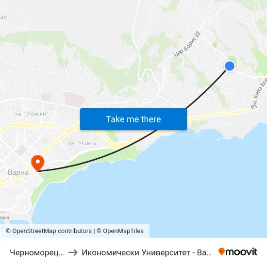 Черноморец / Chernomoretz to Икономически Университет - Варна (University of Economics - Varna) map