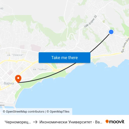Черноморец / Chernomoretz to Икономически Университет - Варна (University of Economics - Varna) map