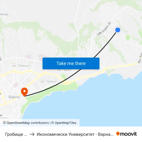 Гробище / Cemetery to Икономически Университет - Варна (University of Economics - Varna) map