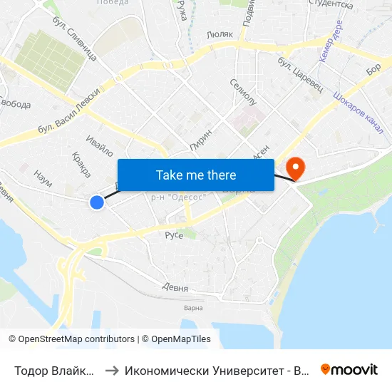 Тодор Влайков / Todor Vlaykov to Икономически Университет - Варна (University of Economics - Varna) map