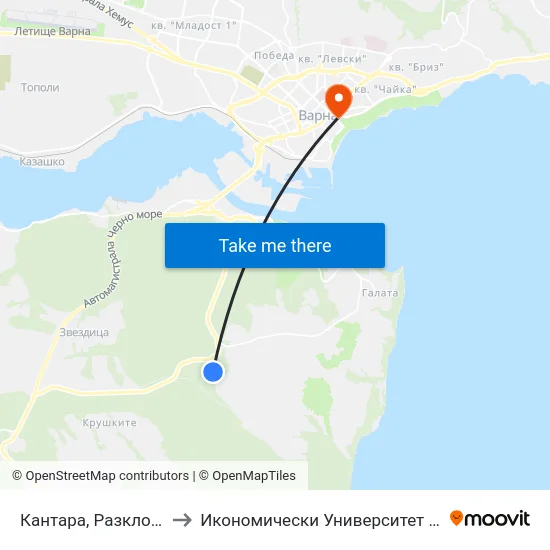 Кантара, Разклон / Fork Road For Kantara to Икономически Университет - Варна (University of Economics - Varna) map