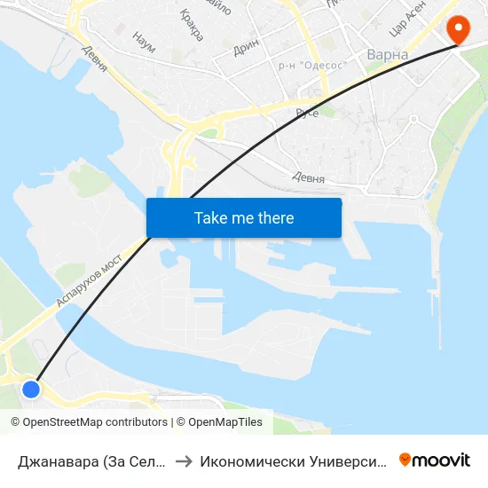Джанавара (За Селата) / Dzhanavara (For the Villages) to Икономически Университет - Варна (University of Economics - Varna) map